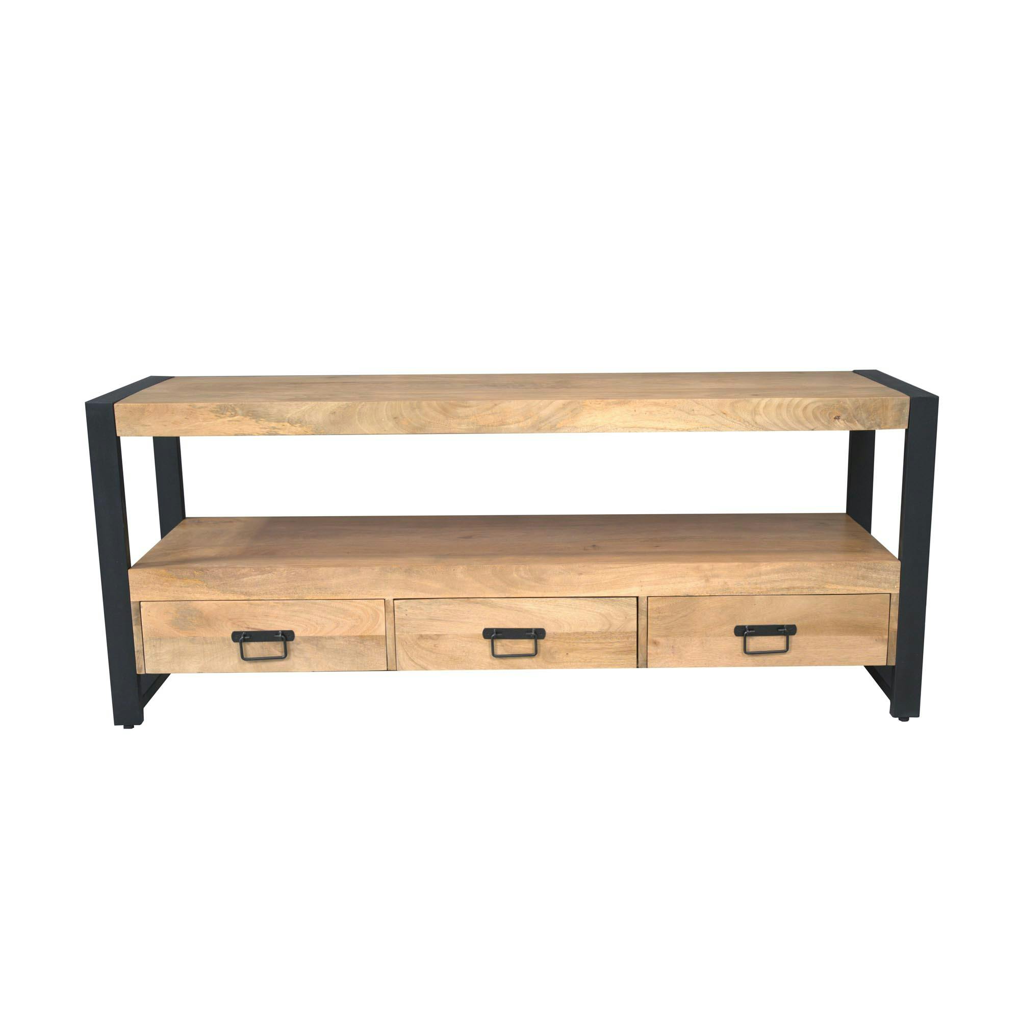 Meuble TV en bois clair et métal noir 3 tiroirs MILORA
