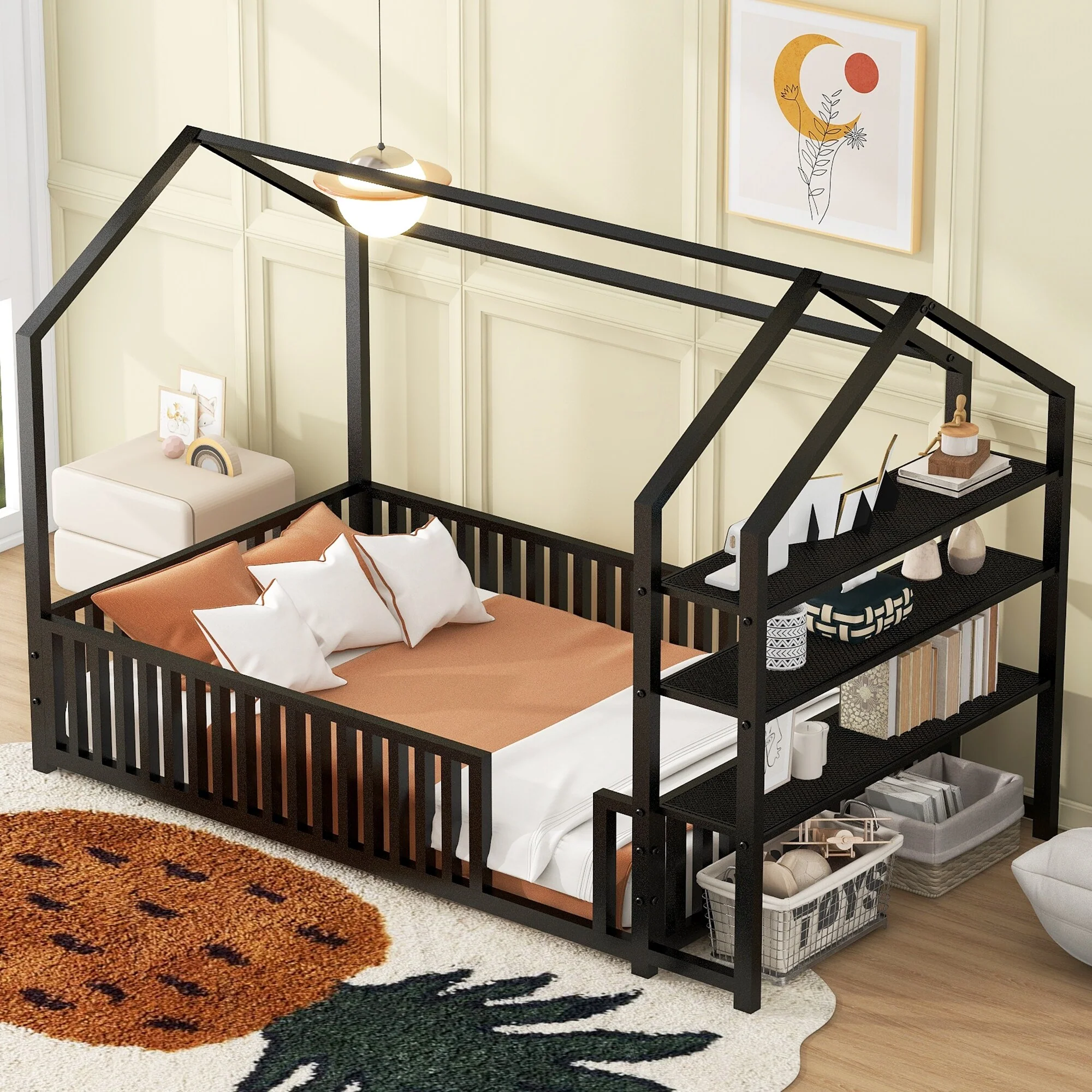 Twin Size Metal House Bed with Fence & Storage Shelves