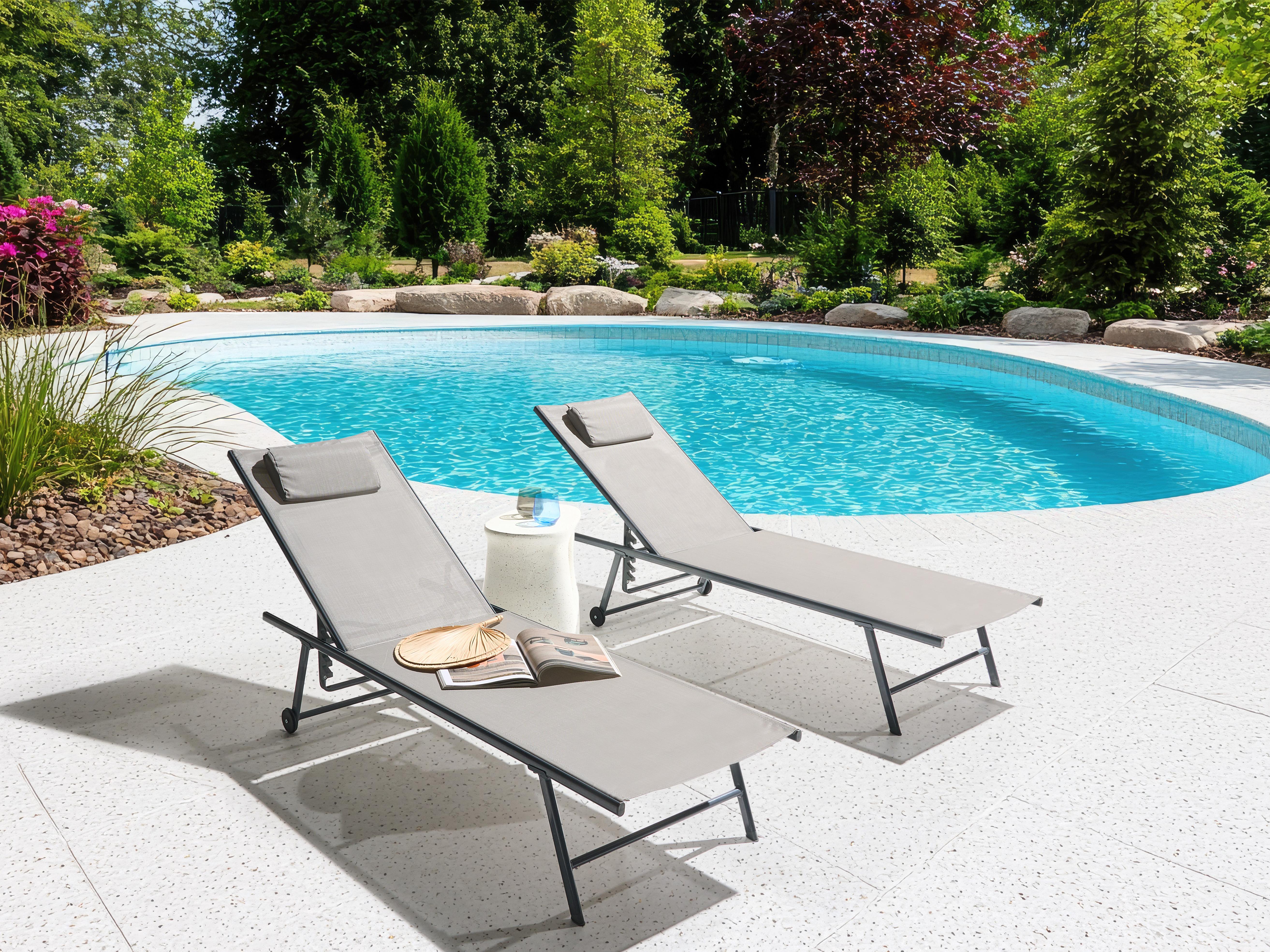 Set of 2 Sun Loungers SORONI Reclining Metal Light Grey