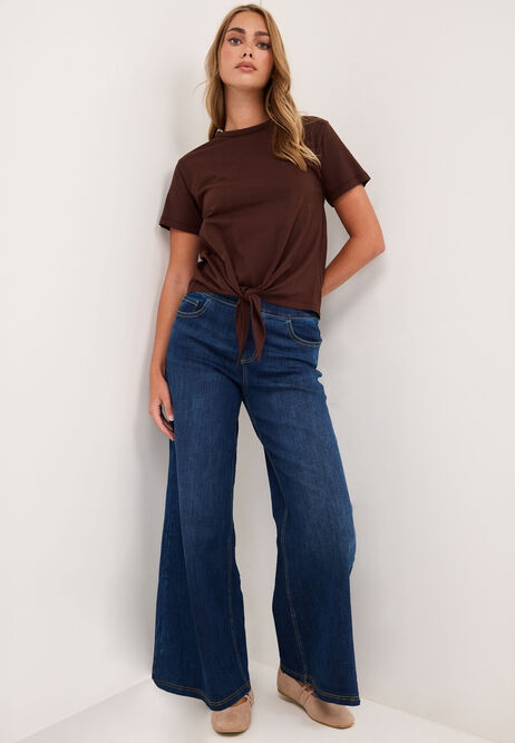 Womens Chocolate Brown Front Knot Cotton T-Shirt