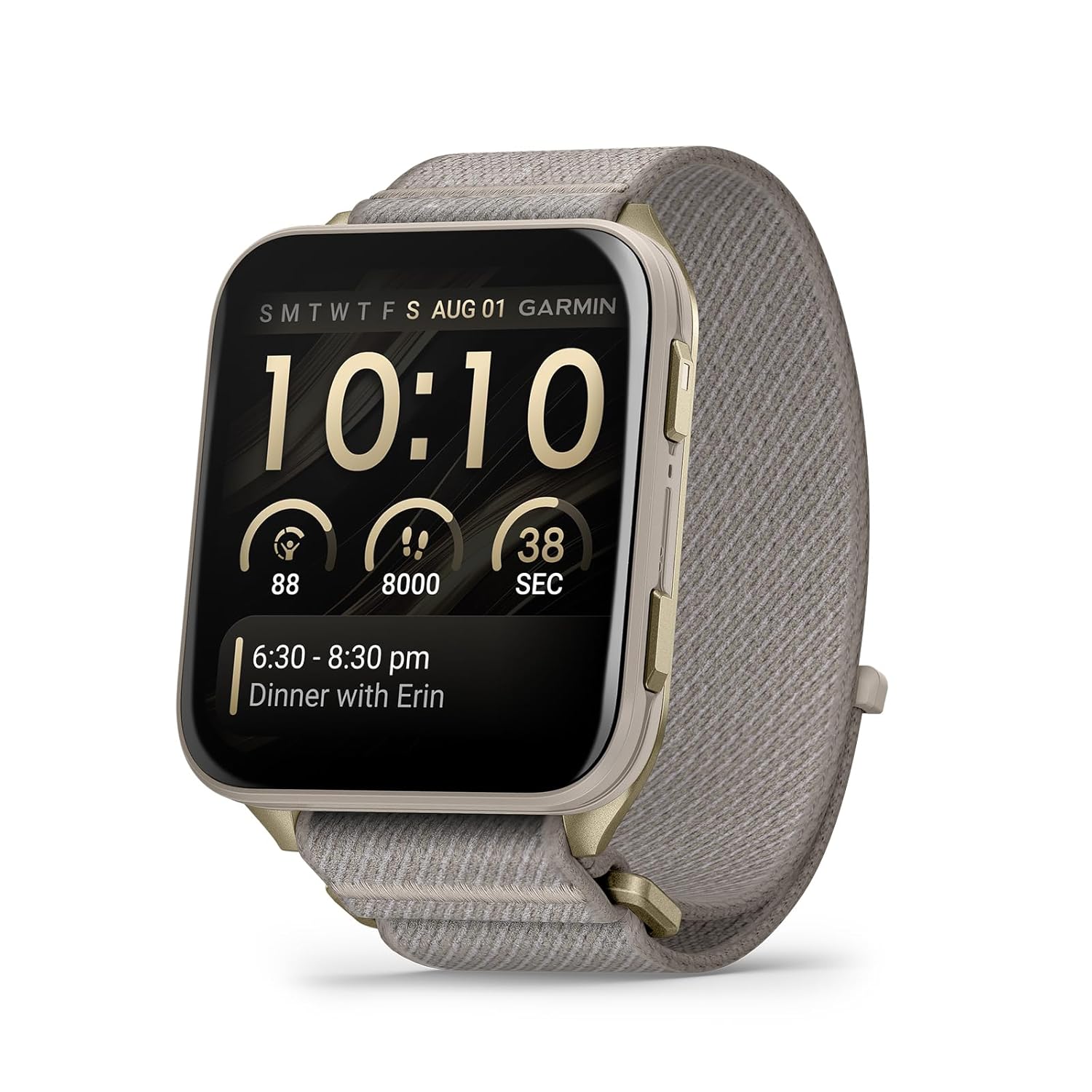 Garmin® Venu® X1  Thin and Lightweight GPS Smartwatch  AMOLED Display  Advanced Health and Fitness Features  Soft Gold with Titanium Caseback and French Gray ComfortFit Nylon Band