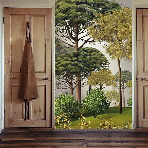 Papier peint intissé Forêt, 250 cm X 150 cm, style toile en peinture, illustration de grands arbres verts, panoramique.