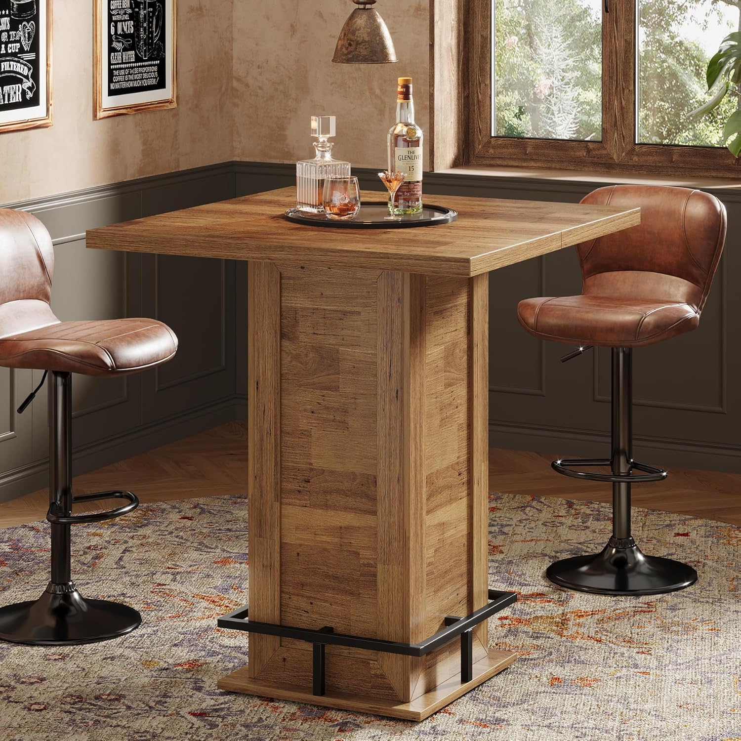 Tribesigns 39.4 H Square Bar Table, Industrial High Top Bistro Pub Cocktail Table with Metal Footrest for Kitchen Nook, Home Bar, Small Bars, Rustic Brown (Table Only)