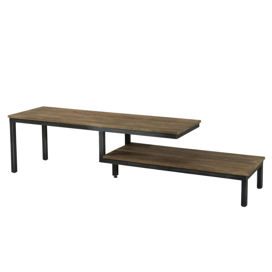 ALIDA - Meuble TV 2 tablettes plateau en teck recyclé et pieds métal noir