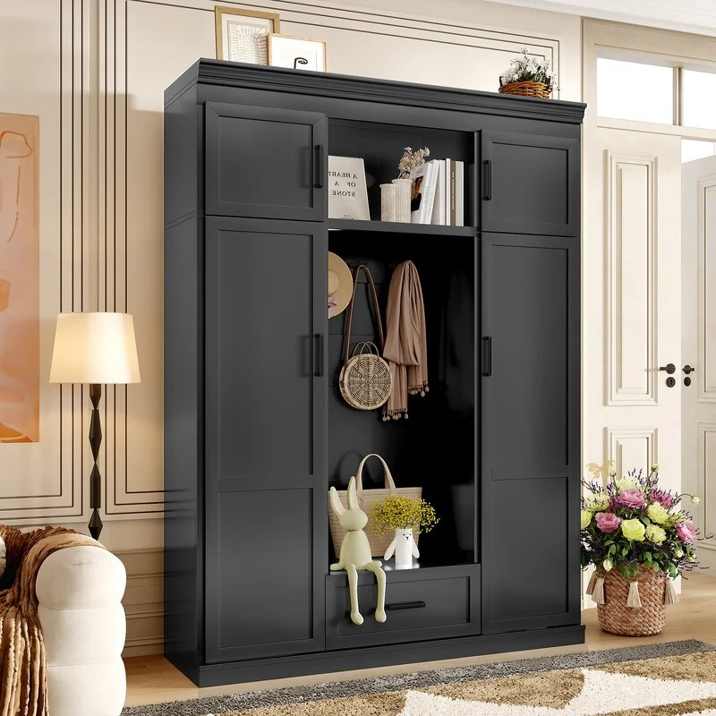 Entryway Bench with Coat Rack, Adjustable Shelves and Drawers, Entryway Storage Organizer Cabinet with 4 Doors