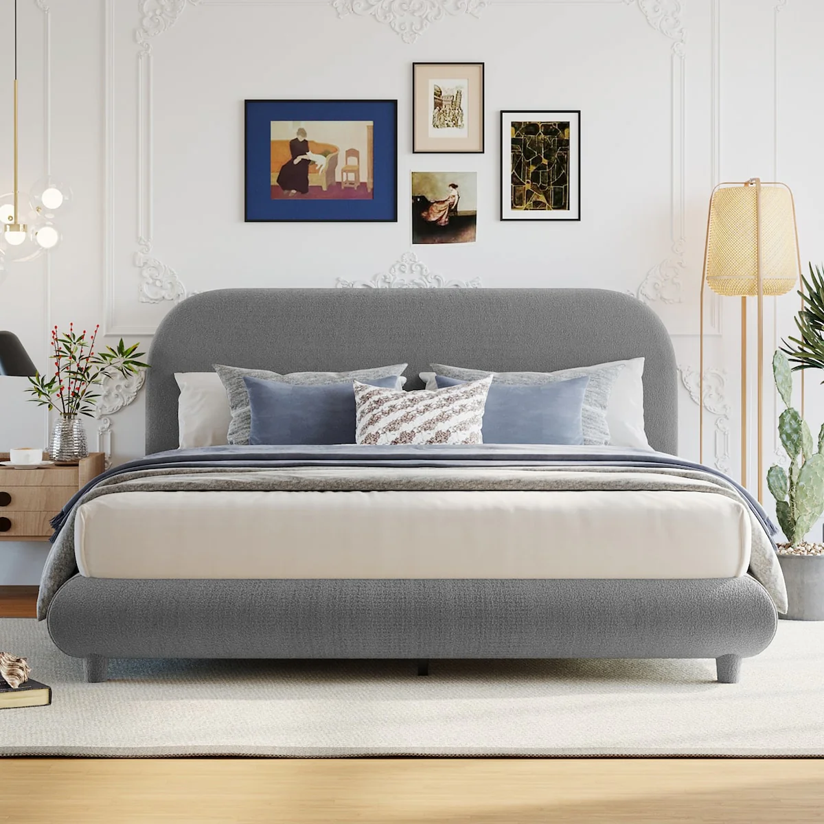 Teddy Fleece Queen Size Upholstered Platform Bed with Thick Fabric, Solid Frame and Stylish Curve-shaped Design