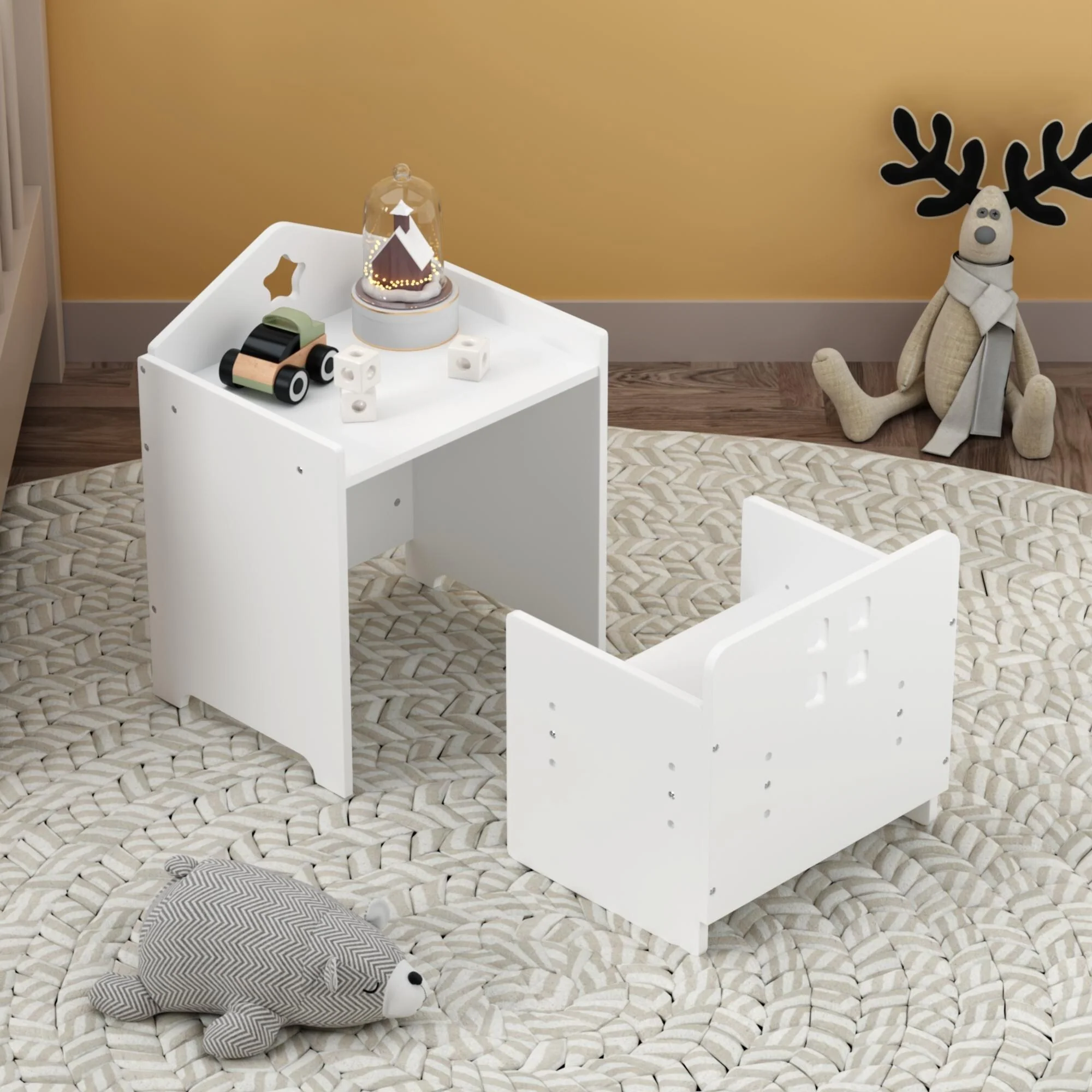 Kids Montessori Weaning Table and Chair Set, Kids Activity Table Step Stools with Blackboard & 3 Heights Adjustable