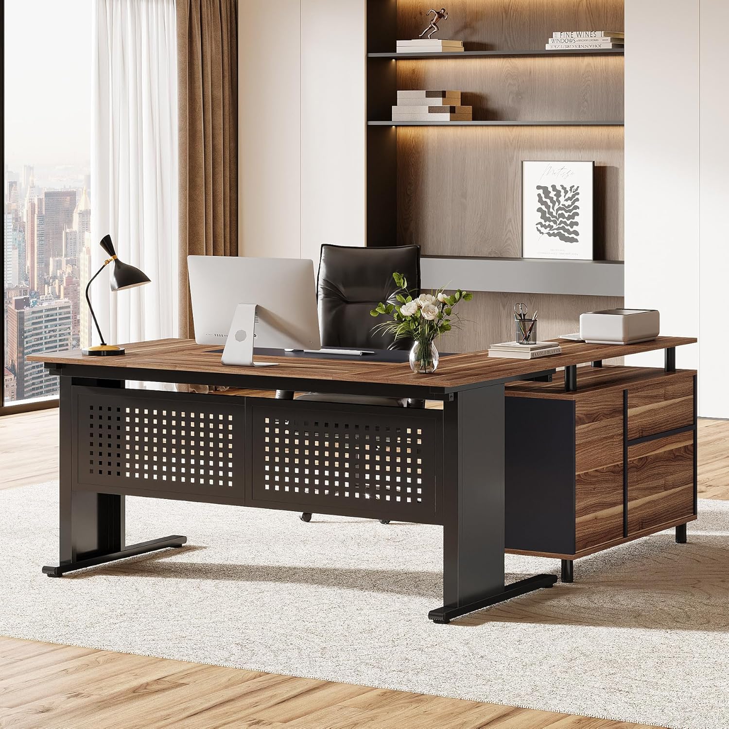 Tribesigns 63-Inch L-Shaped Executive Desk with Storage Shelves, Large Office Computer Desk with Drawers and File Cabinet, Industrial Business Workstation for Home Office, Brown and Black