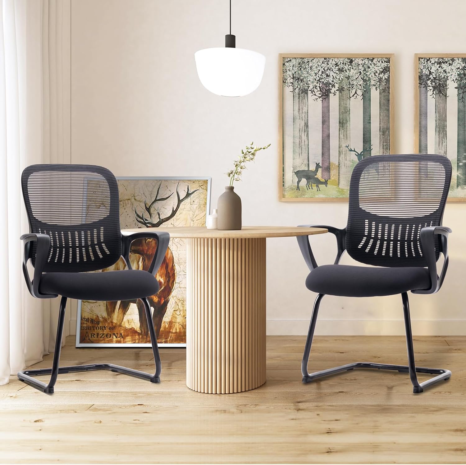 Sweetcrispy Reception Chair No Wheels, Stationary Non Rolling Mesh Mid Back Computer Guest Side with Lumbar Support for Waiting Area Reception Conference Room, Set of 2, Modern Black
