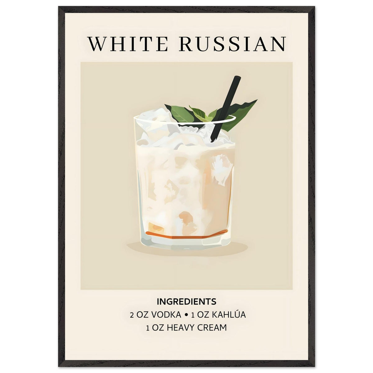 Artfulprints Poster met Lijst White Russian cocktail - Ingrediënten  - 70x100 cm - Wit