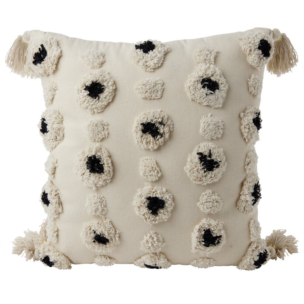 Coussin déco tufté pompons beige et noir
