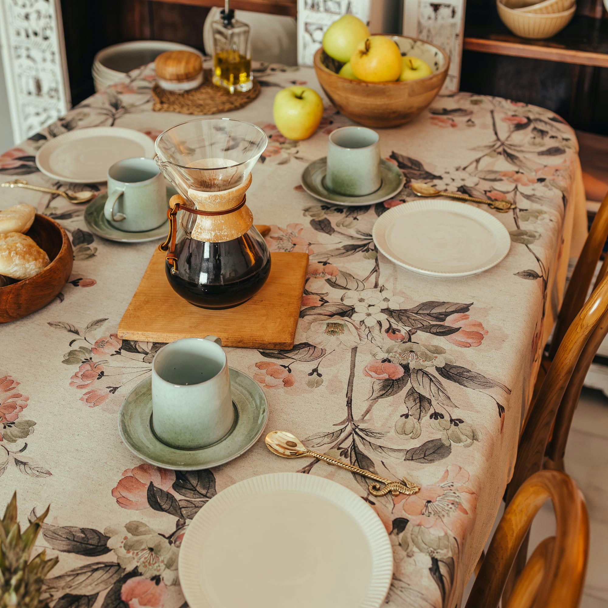 DUNIA CORAL - Nappe en lin antitâche imprimée floral 140x140 cm