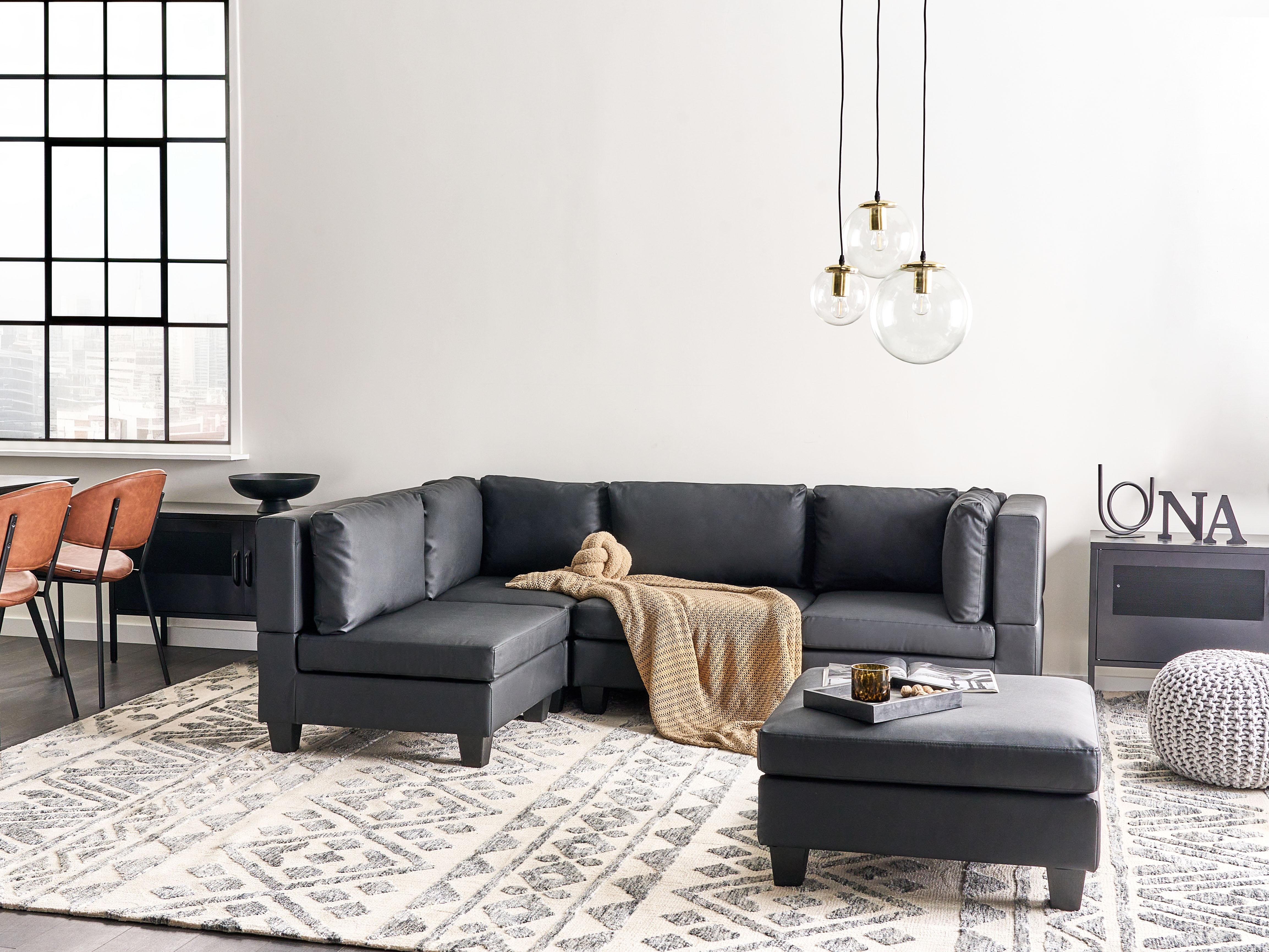 Modular Corner Sofa 4 Seater UNSTAD Faux Leather Black with Ottoman Right Hand