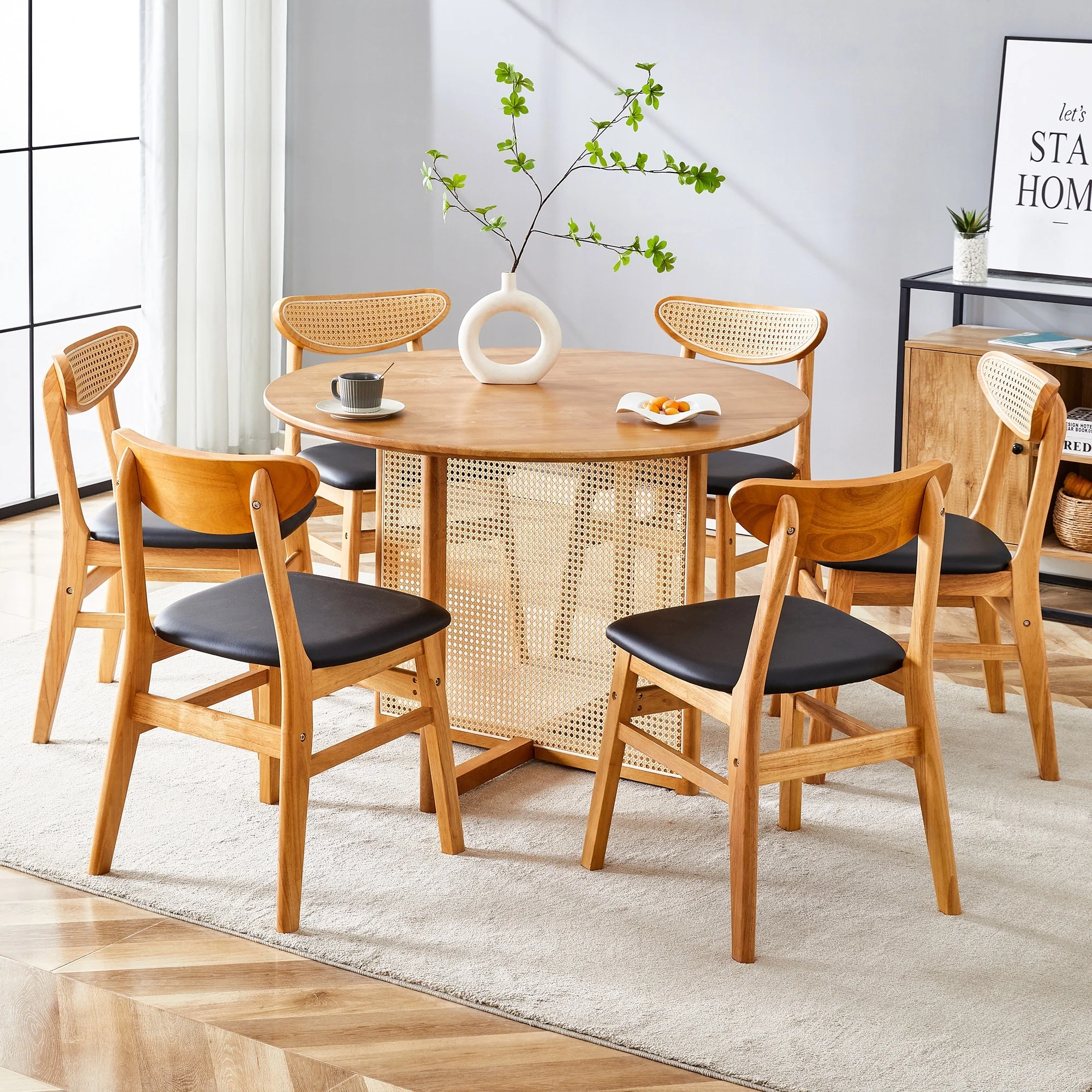 Ancient Style Solid Wood Round Dining Table Set with Rattan Table legs and Rattan Backrest Upholstered Chairs