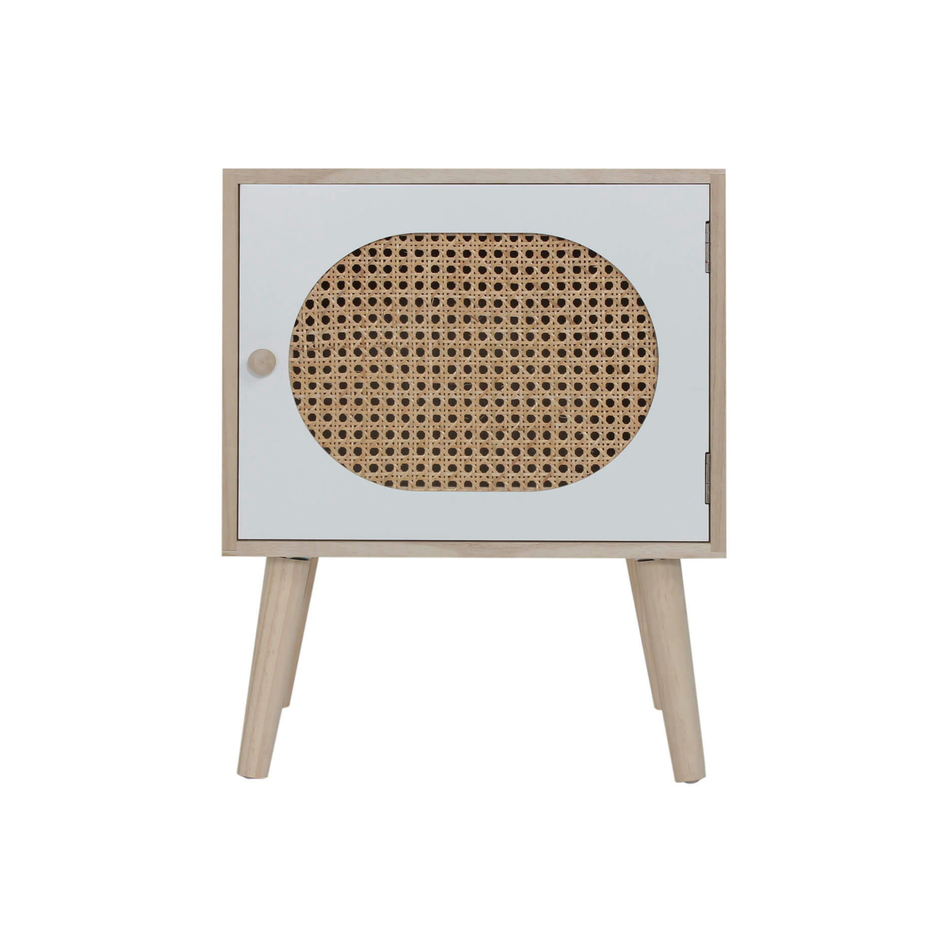 - Table de chevet boho avec 1 porte en bois marron et blanc