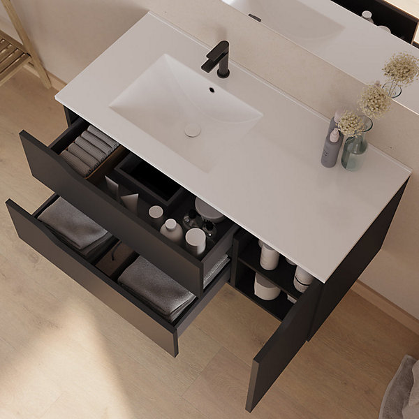 Meuble sous vasque seul, 2 tiroirs et 1 porte, 100cm, vasque déportée gauche - noir - ZARZA
