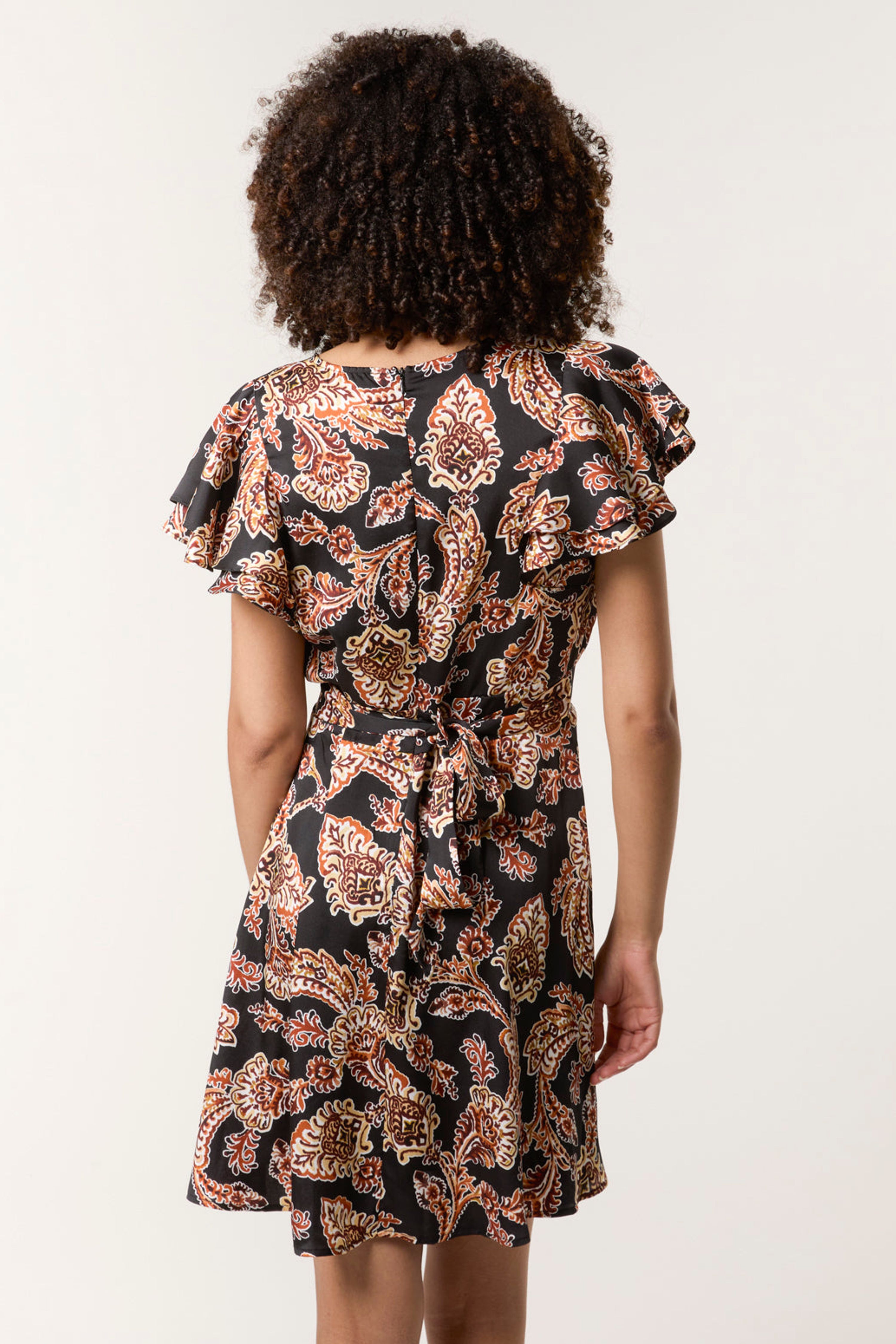 Blue Vanilla Black Paisley Frill Sleeve Mini Dress
