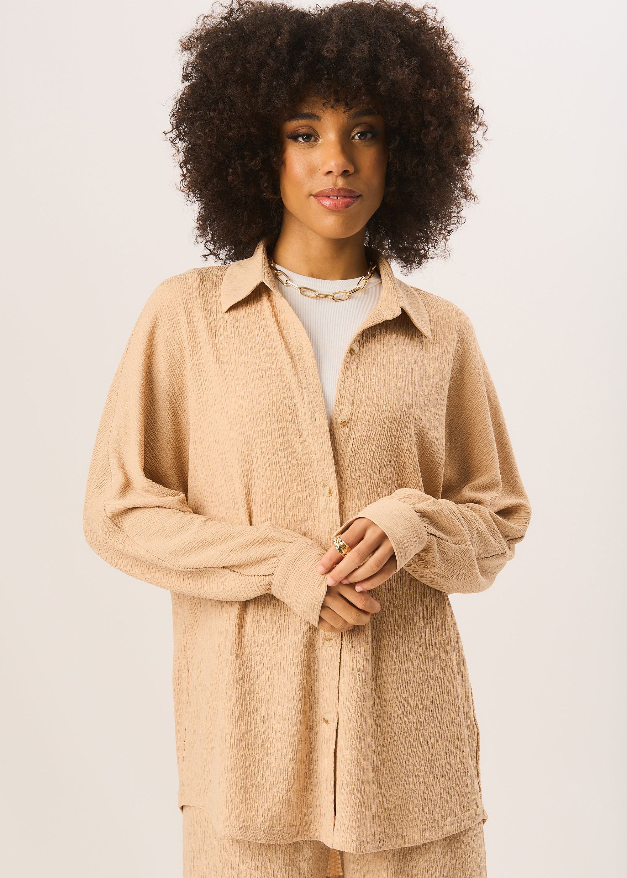 Gini London Camel Textured Oversize Fit Long Sleeves Shirt