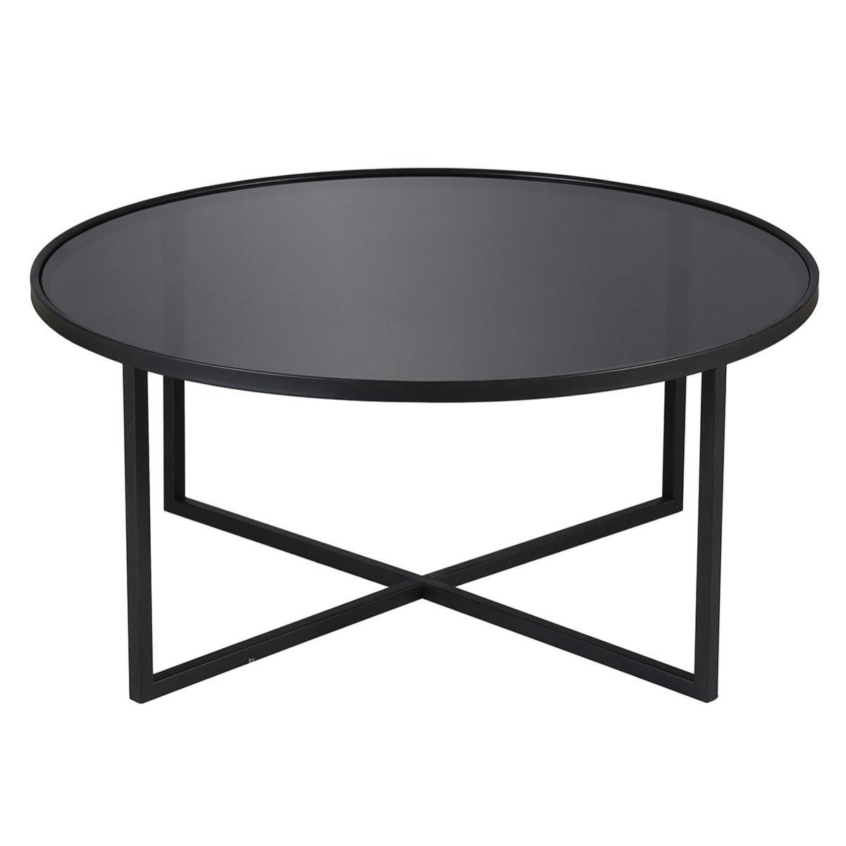 MARKUS - Table basse industrielle métal noir et verre teinté 80cm ronde