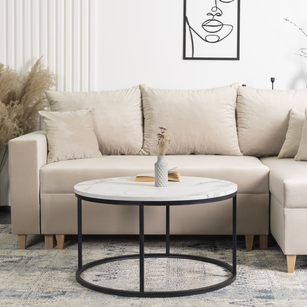 Stolik Kawowy Okrągły Duży Loft Ława Do Salonu Biały Marmur CONNY MAX Ø80