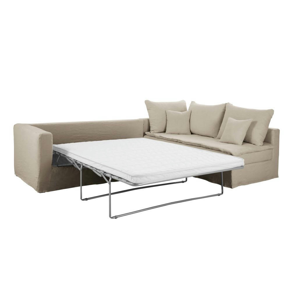 Celestin - Canapé d'angle droit convertible 5/6 places en lin supérieur beige, matelas 6 cm