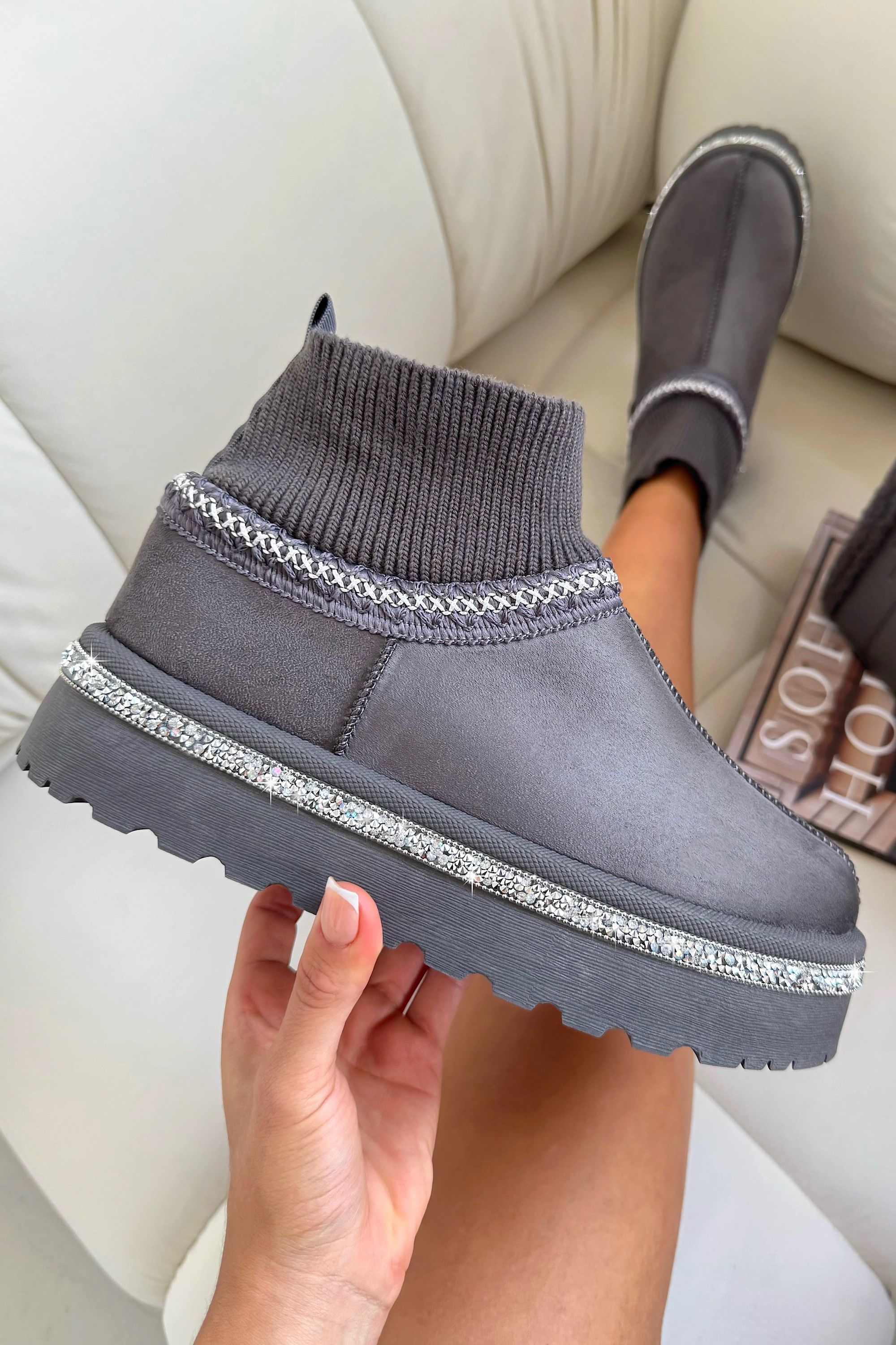 Love Lemonade Crystal Faux Fur Lined Stretch Sock Warmer Slipper Boots