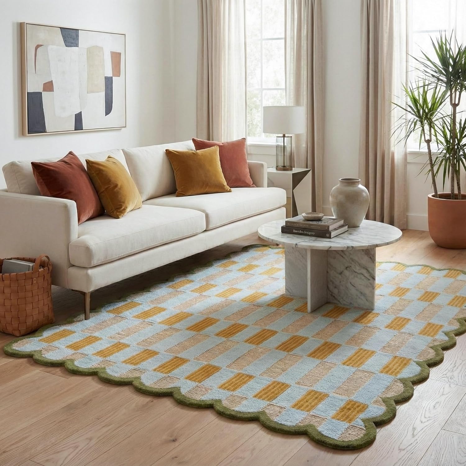 Hand-Tufted Scalloped Wool Area Rug, Modern Plaid Checkered Pattern, Soft & Durable Cozy Accent Rug for Living Room, Bedroom & Nursery, Handmade Decorative Floor Carpet (Light Blue, 8' x 10')