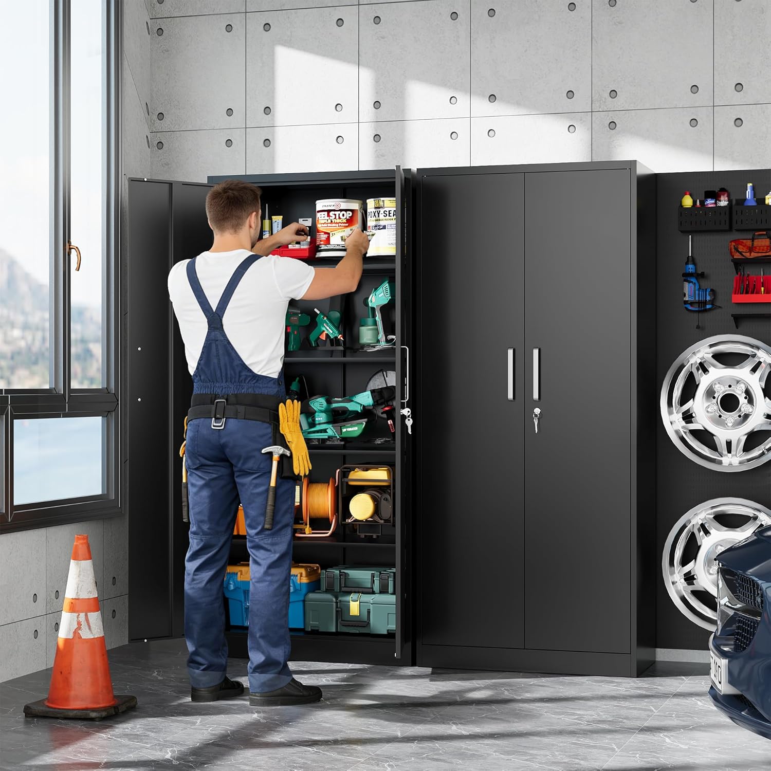 Metal Garage Storage Cabinet with Doors and Adjustable Shelves, 71 Tall Locker Organizer Steel Garage Cabinets, Lockable File Cabinet for Home, Office, Warehouse, Tools