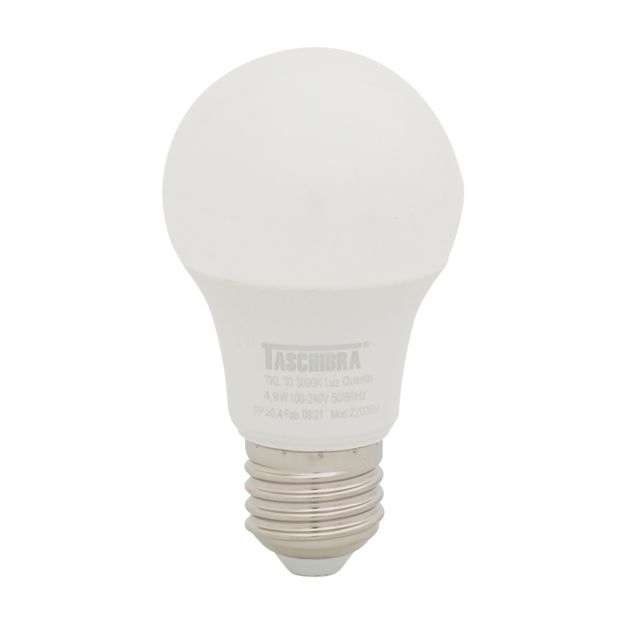 LÂMPADA LED BULBO A60 E27 4,9W 3000K 127 220V LUZ AMARELA TASCHIBRA