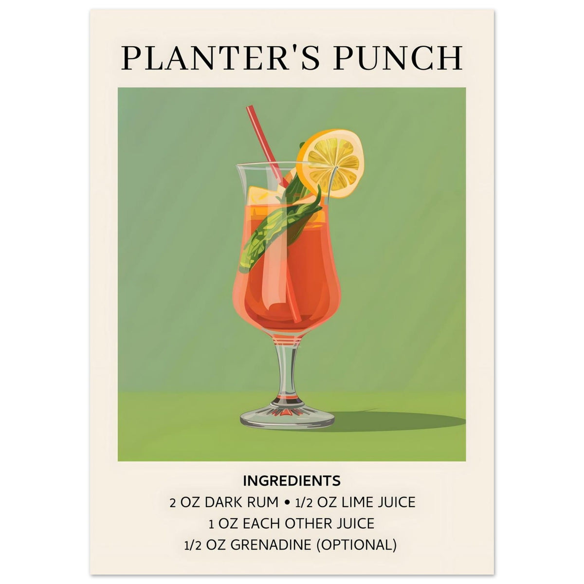 Artfulprints Poster Planter's Punch cocktail - Ingrediënten  - 50x70 cm - Groen