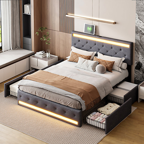 Lit double 140x200 cm avec rangements, Tissu lin gris foncé, tête de lit LED   ports USB, lit coffre avec 4 tiroirs métalliques