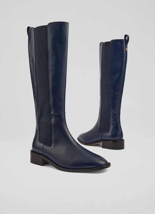 Zara Navy Leather Knee Boots
