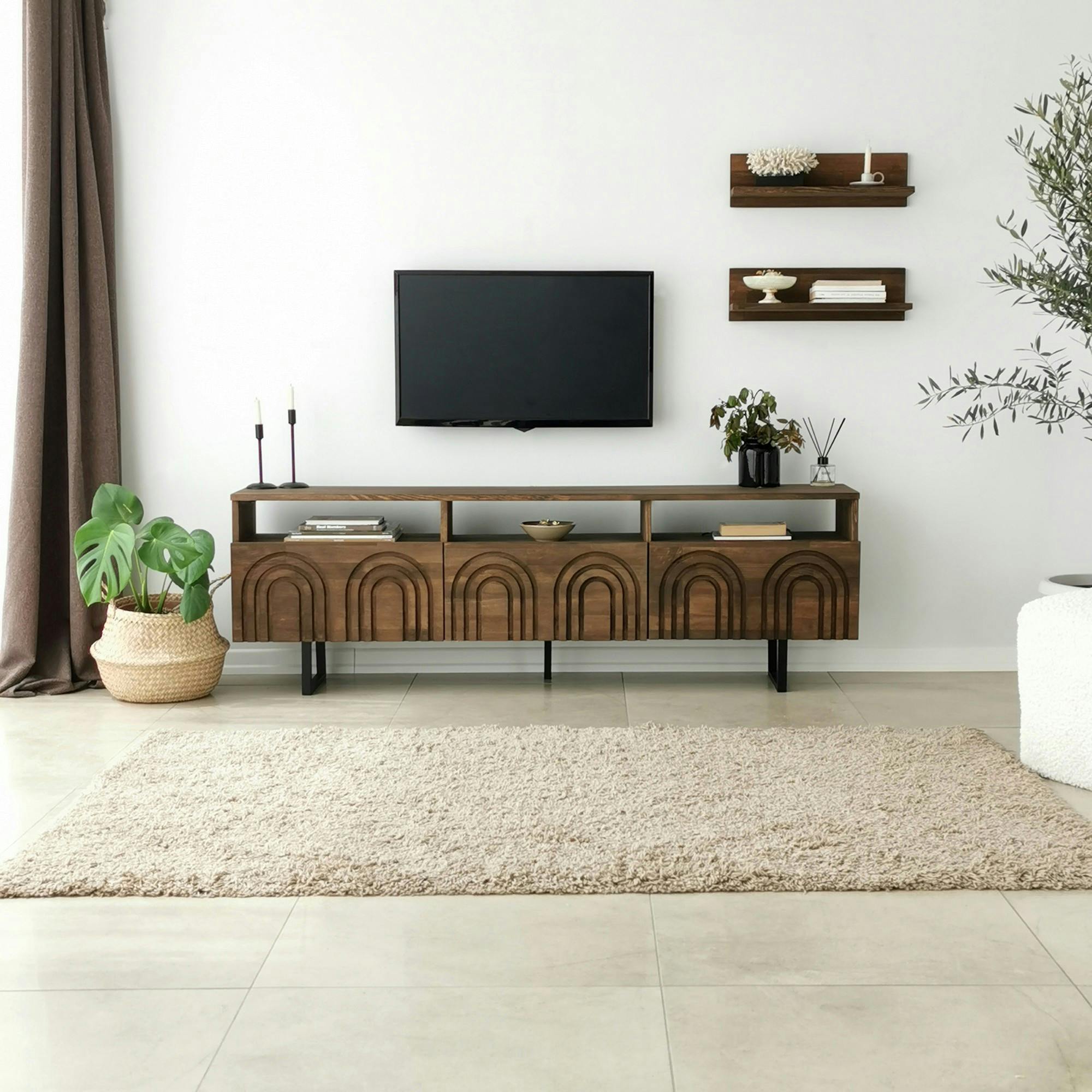 Meuble TV bois brun motif arches avec 2 étagères JACA