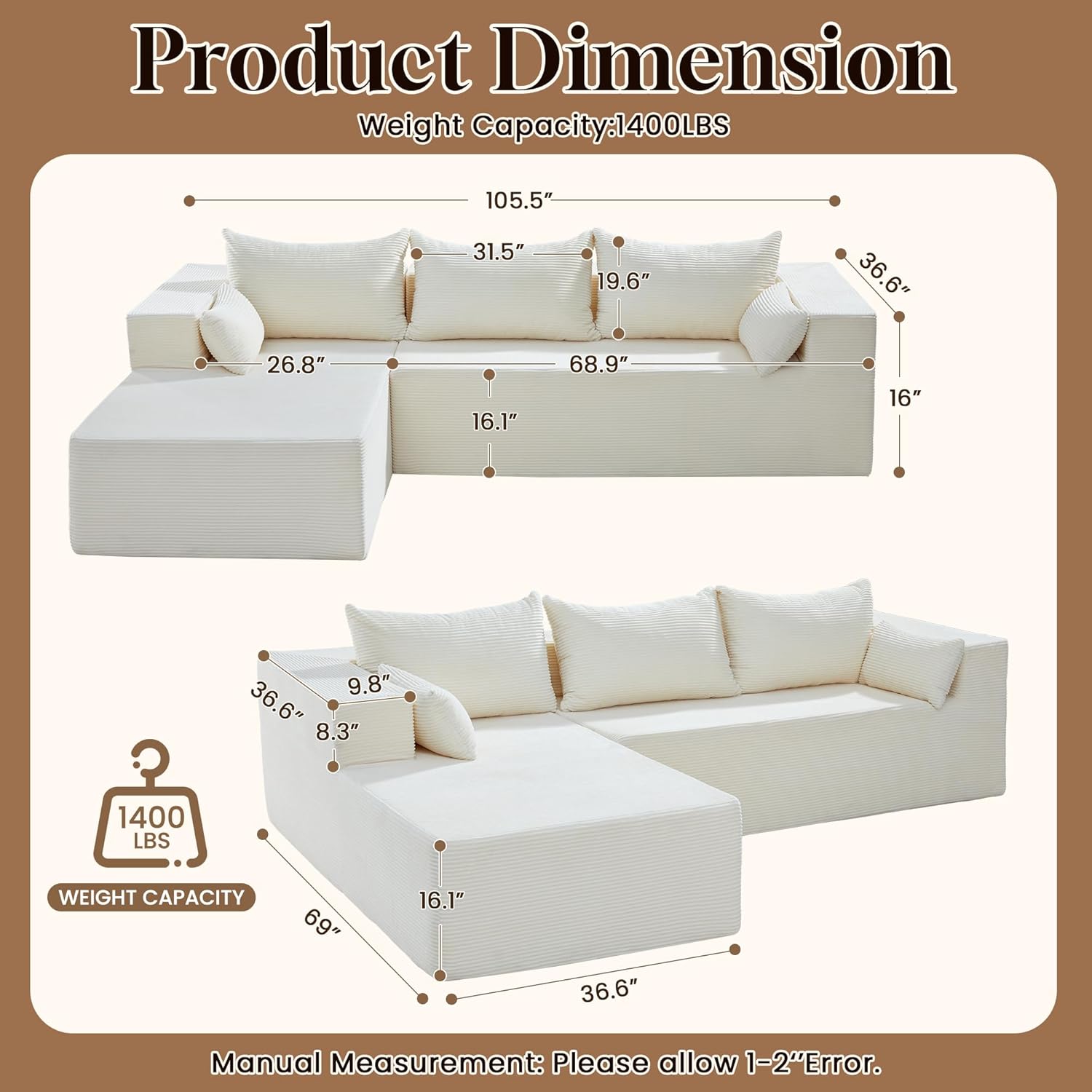 106 Cloud Sectional Boneless Couches for Living Room, Modular L Shaped Couch with Deep Seat Oversized Left Facing Chaise, Memory Foam Compressed Spineless 3 Seater Sofa for Bedroom Apartment, Beige