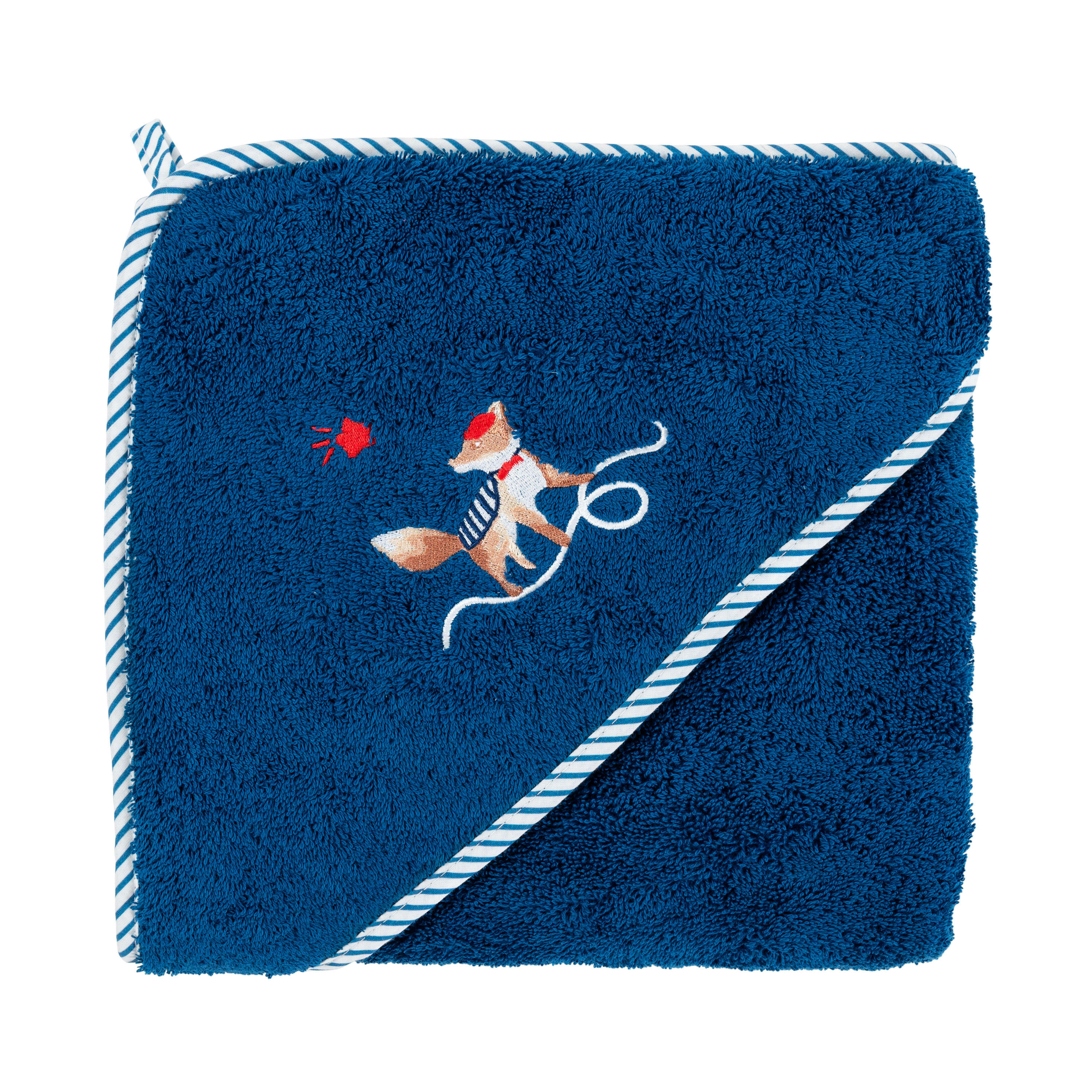 PTITCHIC - Cape de bain coton biologique brodé bouclette bleu 80 x 80 cm