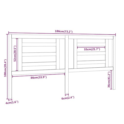 NNEVL Bed Headboard White 186x4x100 cm Solid Wood Pine