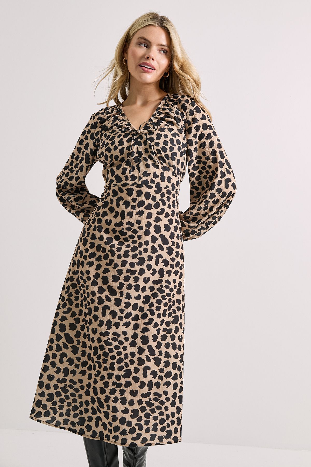 Dorothy Perkins Printed Tie Neck Blouson Sleeve Midi Dress