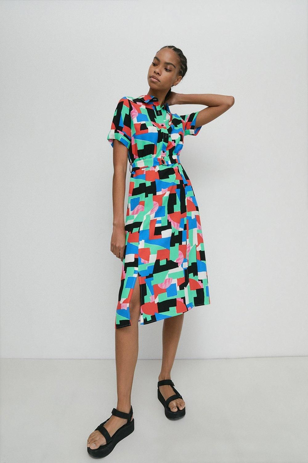 Warehouse Block Crepe Short Sleeve Belted Midi Shirt Dress