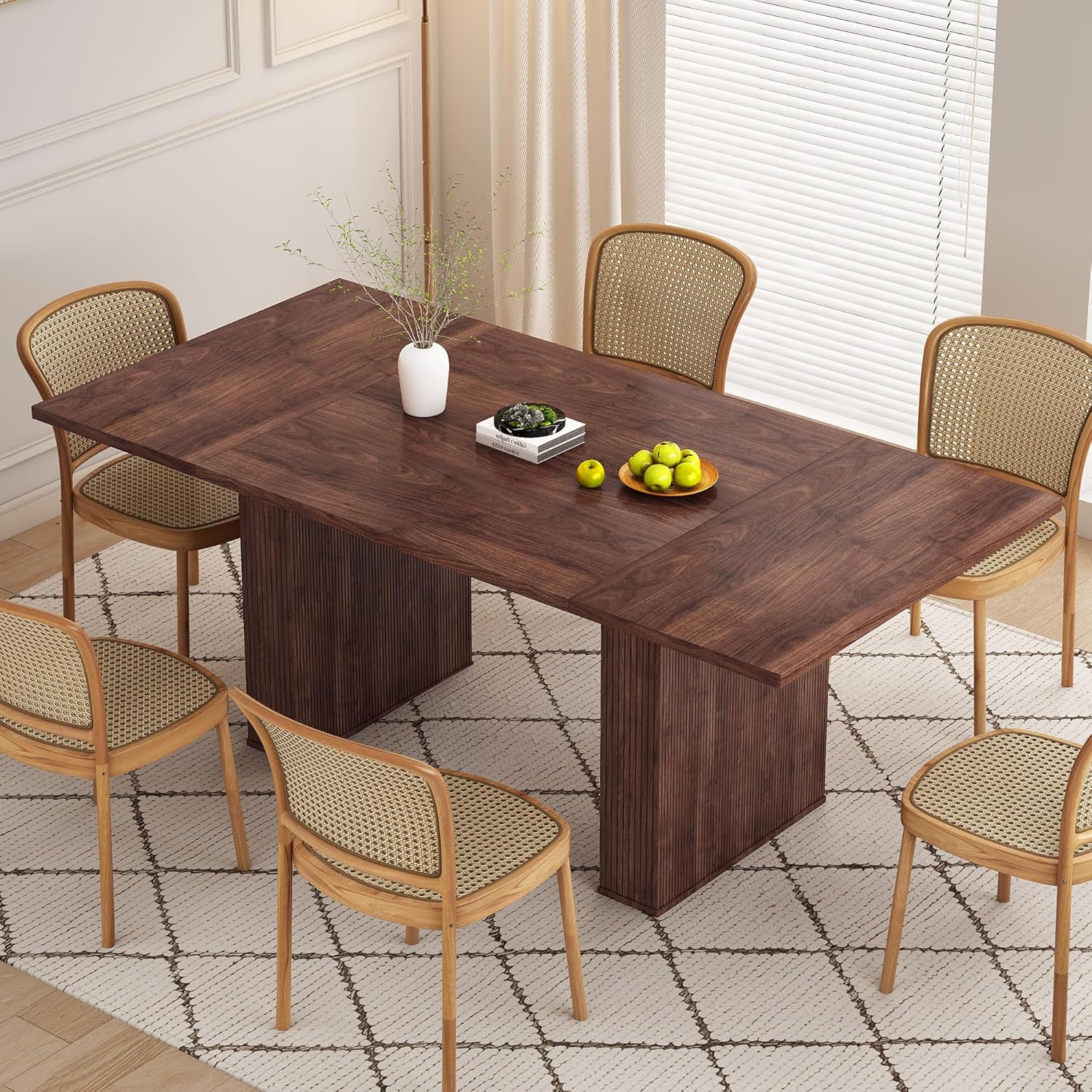 78 Inch Rectangular Dining Table for 6 to 10, Farmhouse Fluted Dining Kitchen Table, Modern Wood Long Dining Table for Kitchen Living Room, Walnut