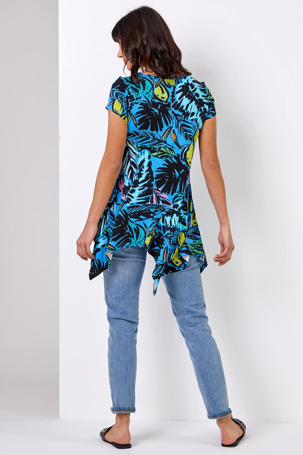 Roman Tropical Palm Print Hanky Hem Tunic Top