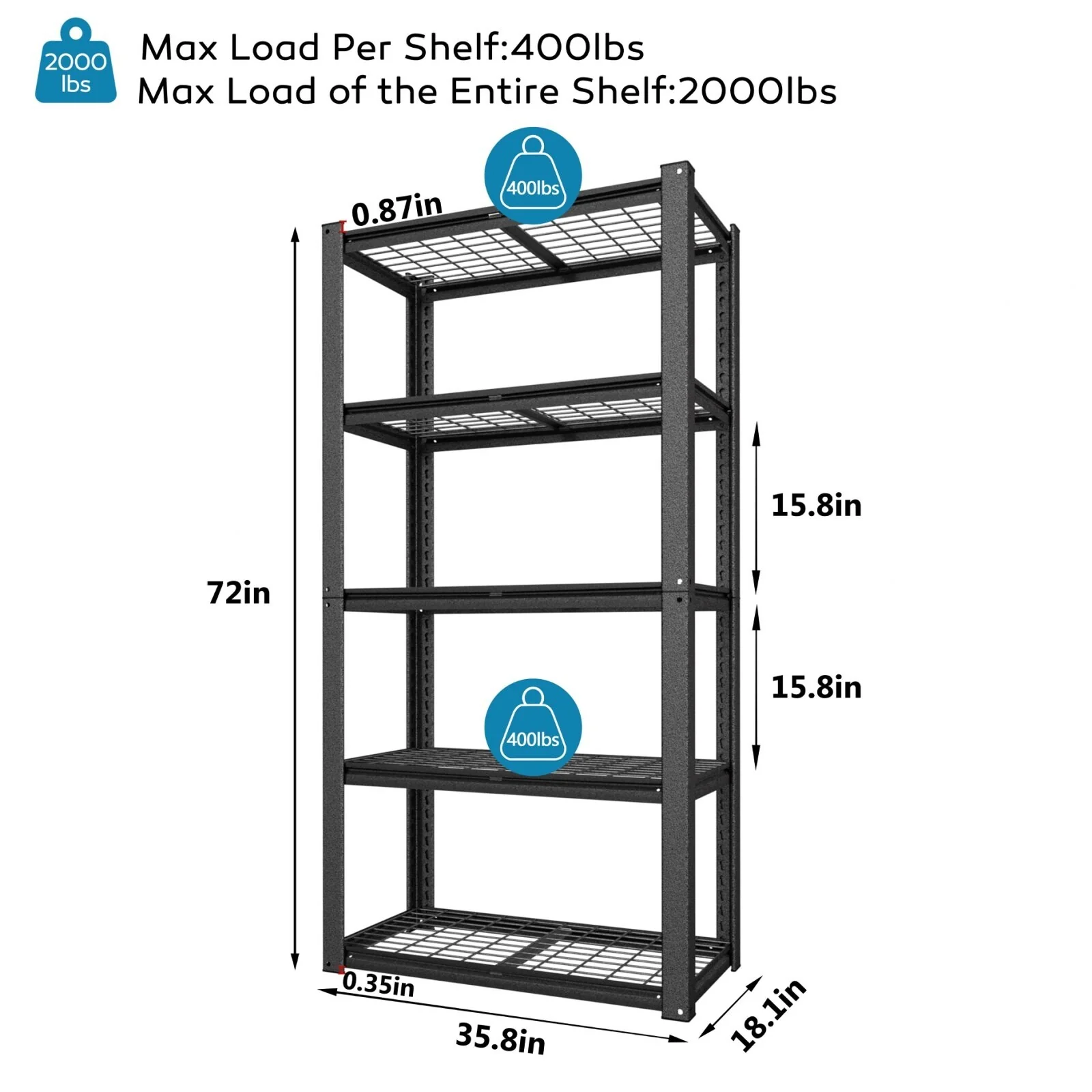 VEIKOUS Heavy-Duty Adjustable Metal Storage Shelves, Garage Shelving Unit with Reinforced Grating - 35.8'' × 18.1'' × 72''