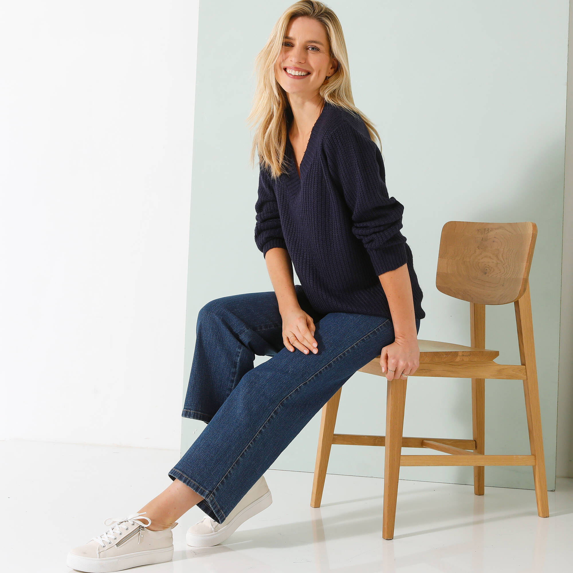 Pull loose col V, maille anglaise