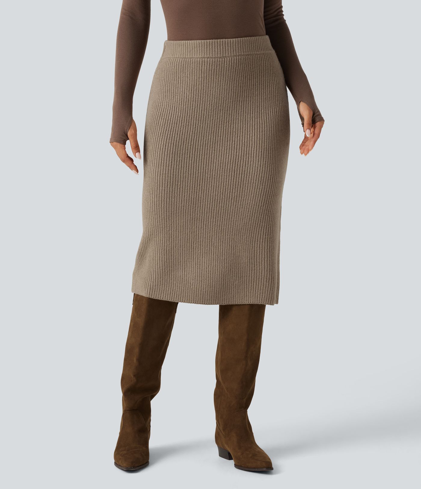 Jupe crayon midi de bureau en maille taille haute