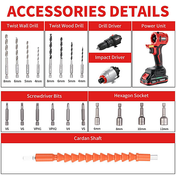 Ensemble d'outils électriques sans fil 20 V, perceuse à percussion 1450 tr/min et clé à chocs 3300 tr/min, moteur sans balais,