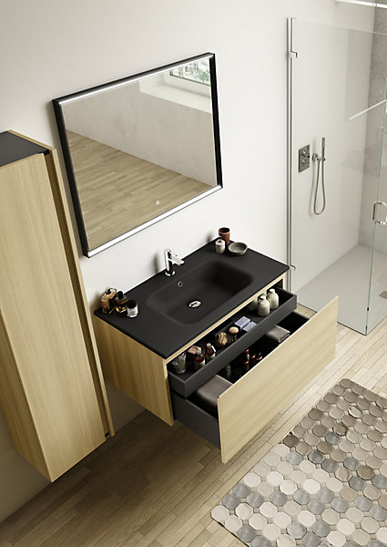 Meuble vasque suspendu effet chêne l.90 cm   plan vasque noir mat résine, Pura