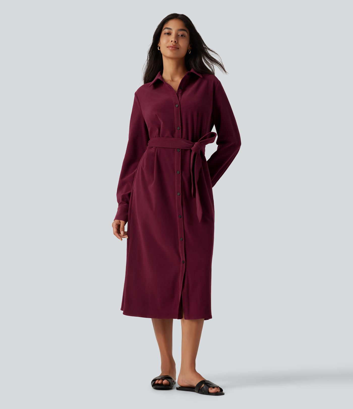 Robe-chemise midi en velours côtelé à manches longues avec ceinture et poches