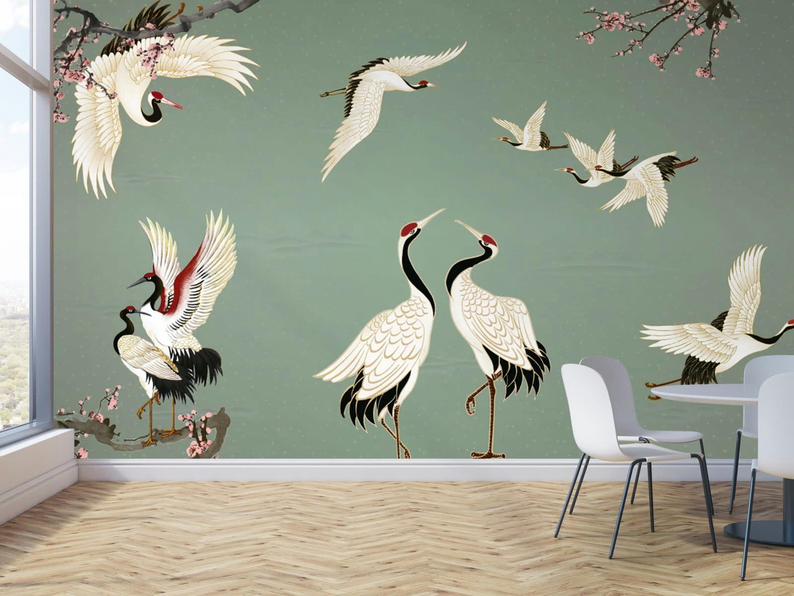 LA DANSE DES GRUES - Papier peint panoramique adhésif vert 350x250cm