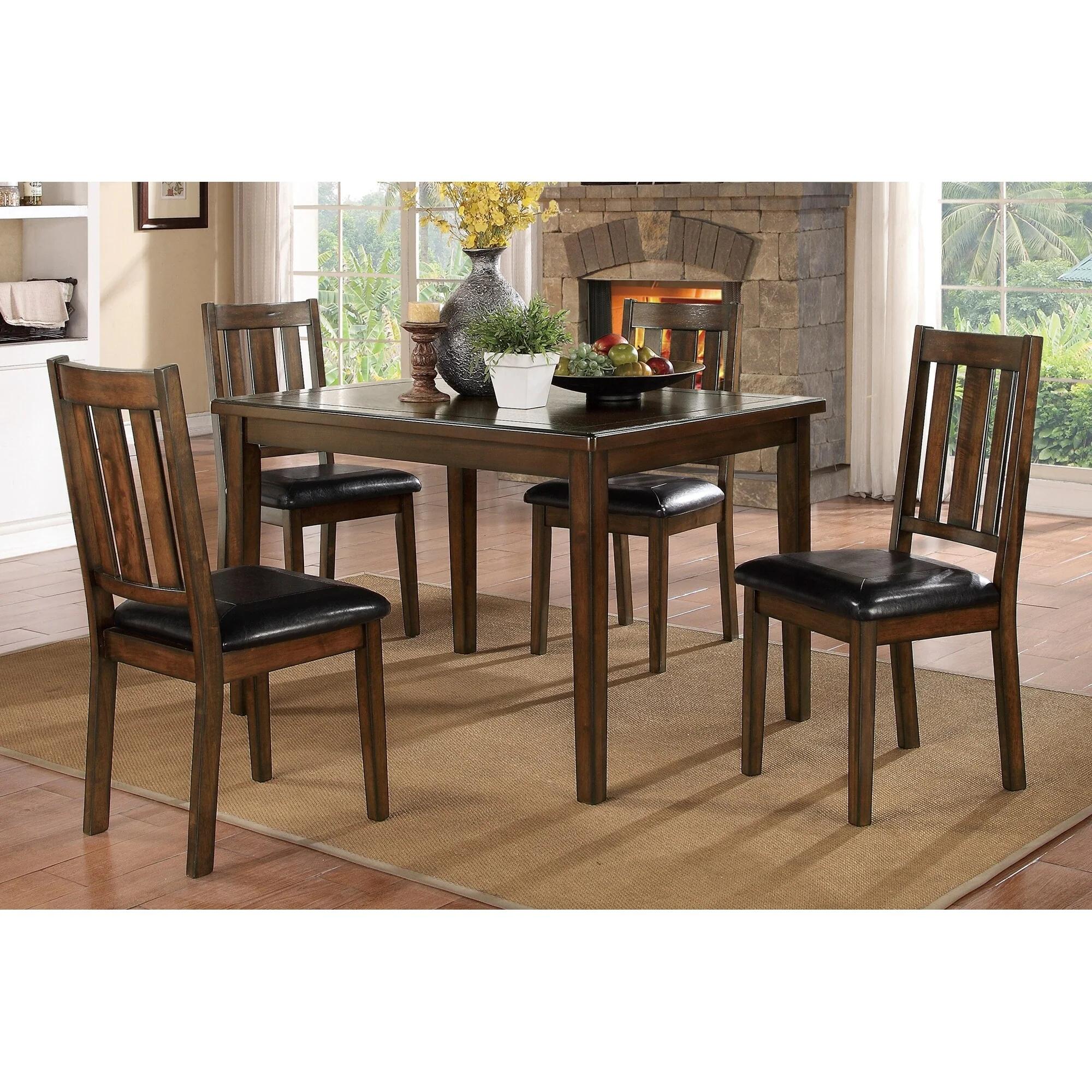 Cherry 5pc Dining Set Table with 4 Chairs Faux Leather Upholstery Wooden Kitchen Funiture Dinette Set