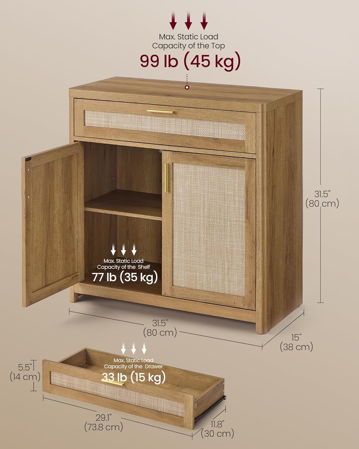 VASAGLE ELLAN Collection - Boho Buffet Cabinet with Rattan-Look Doors, Sideboard Storage Cabinet, Rounded Corners, Adjustable Shelf, Drawer, for Kitchen, Natural Brown UBBK601KC01