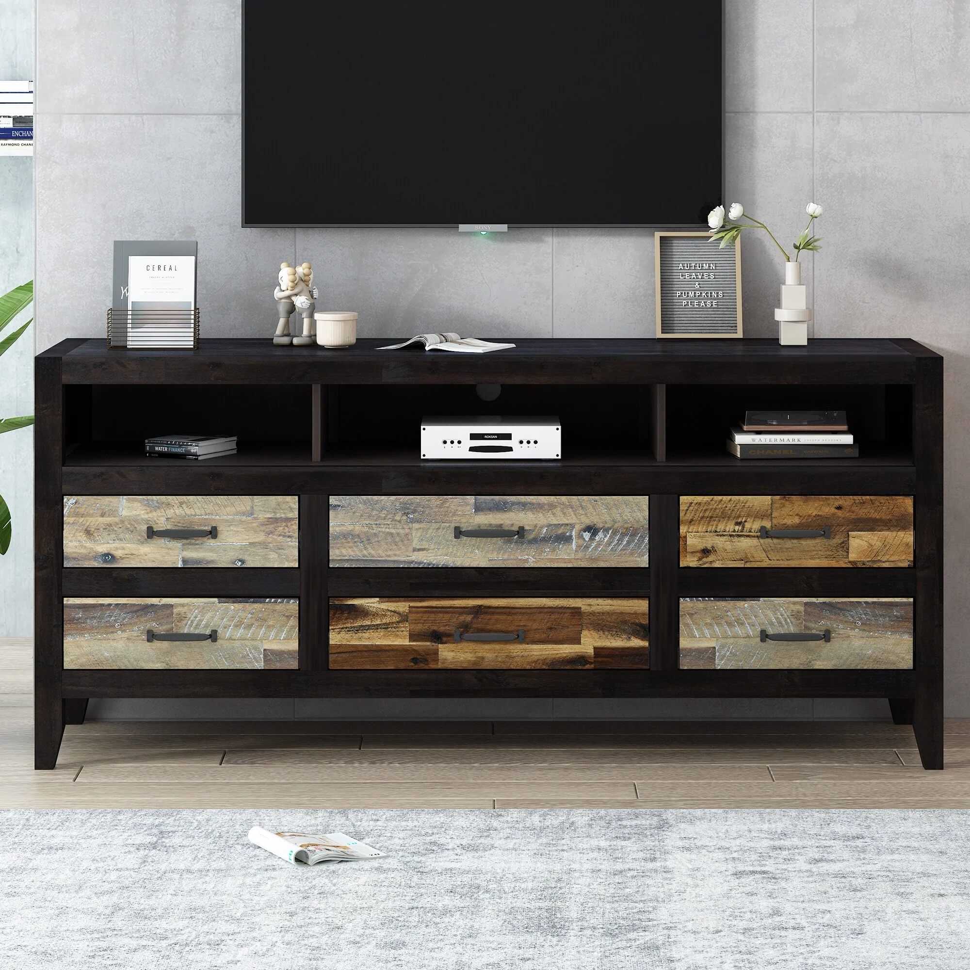 Black 63.8 Retro Distressed TV Stand with 6 Drawers & 3 Shelves for TVs Up to 65